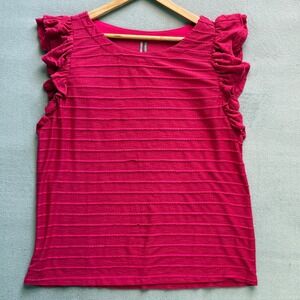 By Anthropologie Womens Ruffle Cap Sleeve Scallop Stripe Knit Top Size XL Boho